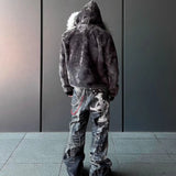 FOESCE Winter New Warm Thick Plush Zipper Coat American Retro Trend Plush Hoodie Men High Street Hip Hop Harajuk Punk Gothic Loose Coat