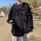 FOESCE Winter Ripped Fringe Raw Edge Sweater For Men Hip Hop Fashion Knitted Pullovers Y2K Vintage Streetwear Knitwear Jersey Clothes