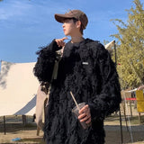 FOESCE Winter Ripped Fringe Raw Edge Sweater For Men Hip Hop Fashion Knitted Pullovers Y2K Vintage Streetwear Knitwear Jersey Clothes