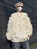 FOESCE Winter Ripped Fringe Raw Edge Sweater For Men Hip Hop Fashion Knitted Pullovers Y2K Vintage Streetwear Knitwear Jersey Clothes