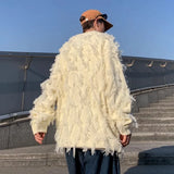 FOESCE Winter Ripped Fringe Raw Edge Sweater For Men Hip Hop Fashion Knitted Pullovers Y2K Vintage Streetwear Knitwear Jersey Clothes