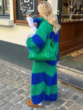 FOESCE Women Casual Loose Stripe Knitted Sweater Outwear Luxury Solid Ladies Oversize Cardigan Designer Autumn Winter Basic Knitwear