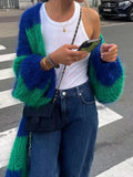 FOESCE Women Casual Loose Stripe Knitted Sweater Outwear Luxury Solid Ladies Oversize Cardigan Designer Autumn Winter Basic Knitwear