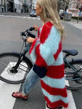 FOESCE Women Casual Loose Stripe Knitted Sweater Outwear Luxury Solid Ladies Oversize Cardigan Designer Autumn Winter Basic Knitwear