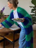 FOESCE Women Casual Loose Stripe Knitted Sweater Outwear Luxury Solid Ladies Oversize Cardigan Designer Autumn Winter Basic Knitwear