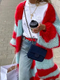 FOESCE Women Casual Loose Stripe Knitted Sweater Outwear Luxury Solid Ladies Oversize Cardigan Designer Autumn Winter Basic Knitwear