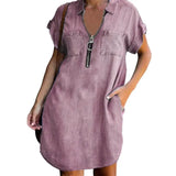 FOESCE Women Casual Zipper Denim Style Dress Summer Loose XXXL Solid Short Sleeve Dress Female Turn Down Collar Pockets Outdoor Dress