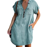 FOESCE Women Casual Zipper Denim Style Dress Summer Loose XXXL Solid Short Sleeve Dress Female Turn Down Collar Pockets Outdoor Dress