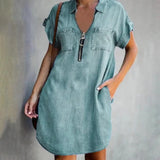 FOESCE Women Casual Zipper Denim Style Dress Summer Loose XXXL Solid Short Sleeve Dress Female Turn Down Collar Pockets Outdoor Dress