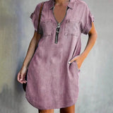 FOESCE Women Casual Zipper Denim Style Dress Summer Loose XXXL Solid Short Sleeve Dress Female Turn Down Collar Pockets Outdoor Dress