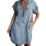 FOESCE Women Casual Zipper Denim Style Dress Summer Loose XXXL Solid Short Sleeve Dress Female Turn Down Collar Pockets Outdoor Dress