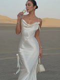 FOESCE Women Chic White Backless Stain Ruffles Long Dress 2025 Elegant Sleeveless V Neck Pleated Sling Vestidos Ladies Party Club Robes
