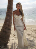 FOESCE Women Chic White Backless Stain Ruffles Long Dress 2025 Elegant Sleeveless V Neck Pleated Sling Vestidos Ladies Party Club Robes