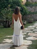 FOESCE Women Chic White Backless Stain Ruffles Long Dress 2025 Elegant Sleeveless V Neck Pleated Sling Vestidos Ladies Party Club Robes