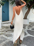 FOESCE Women Chic White Backless Stain Ruffles Long Dress 2025 Elegant Sleeveless V Neck Pleated Sling Vestidos Ladies Party Club Robes
