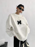 FOESCE Women Fashionable Retro Grey Sweatshirts Autumn Winter Loose Casual Hoodie Round Neck Oversize Pullovers Tops