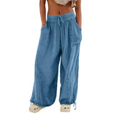FOESCE Women Harem Pants Summer Casual Vintage Cotton Linen Pants Elastic Waist Wide Leg Fashion Loose Pockets Female Trousers S-5XL