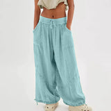 FOESCE Women Harem Pants Summer Casual Vintage Cotton Linen Pants Elastic Waist Wide Leg Fashion Loose Pockets Female Trousers S-5XL