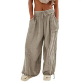 FOESCE Women Harem Pants Summer Casual Vintage Cotton Linen Pants Elastic Waist Wide Leg Fashion Loose Pockets Female Trousers S-5XL