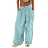 FOESCE Women Harem Pants Summer Casual Vintage Cotton Linen Pants Elastic Waist Wide Leg Fashion Loose Pockets Female Trousers S-5XL