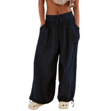 FOESCE Women Harem Pants Summer Casual Vintage Cotton Linen Pants Elastic Waist Wide Leg Fashion Loose Pockets Female Trousers S-5XL
