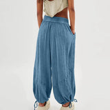 FOESCE Women Harem Pants Summer Casual Vintage Cotton Linen Pants Elastic Waist Wide Leg Fashion Loose Pockets Female Trousers S-5XL