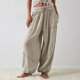 FOESCE Women Harem Pants Summer Casual Vintage Cotton Linen Pants Elastic Waist Wide Leg Fashion Loose Pockets Female Trousers S-5XL