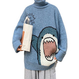 FOESCE Women Men Sweater Cartoon Shark Print Round Neck All Match Long Sleeve Oversized Pullover Top Harajuku Hip Hop Loose Knit Jumper