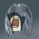 FOESCE Women Men Sweater Cartoon Shark Print Round Neck All Match Long Sleeve Oversized Pullover Top Harajuku Hip Hop Loose Knit Jumper