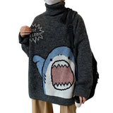 FOESCE Women Men Sweater Cartoon Shark Print Round Neck All Match Long Sleeve Oversized Pullover Top Harajuku Hip Hop Loose Knit Jumper