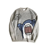 FOESCE Women Men Sweater Cartoon Shark Print Round Neck All Match Long Sleeve Oversized Pullover Top Harajuku Hip Hop Loose Knit Jumper