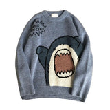 FOESCE Women Men Sweater Cartoon Shark Print Round Neck All Match Long Sleeve Oversized Pullover Top Harajuku Hip Hop Loose Knit Jumper