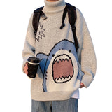 FOESCE Women Men Sweater Cartoon Shark Print Round Neck All Match Long Sleeve Oversized Pullover Top Harajuku Hip Hop Loose Knit Jumper