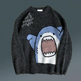 FOESCE Women Men Sweater Cartoon Shark Print Round Neck All Match Long Sleeve Oversized Pullover Top Harajuku Hip Hop Loose Knit Jumper