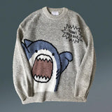 FOESCE Women Men Sweater Cartoon Shark Print Round Neck All Match Long Sleeve Oversized Pullover Top Harajuku Hip Hop Loose Knit Jumper