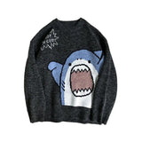 FOESCE Women Men Sweater Cartoon Shark Print Round Neck All Match Long Sleeve Oversized Pullover Top Harajuku Hip Hop Loose Knit Jumper