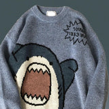 FOESCE Women Men Sweater Cartoon Shark Print Round Neck All Match Long Sleeve Oversized Pullover Top Harajuku Hip Hop Loose Knit Jumper