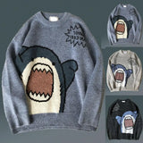 FOESCE Women Men Sweater Cartoon Shark Print Round Neck All Match Long Sleeve Oversized Pullover Top Harajuku Hip Hop Loose Knit Jumper