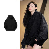 FOESCE Women Print Coats Hooded Sweatshirts Long Sleeve Thick Casual Splice Jackets High Street Pockets Solid Sweatshirt Outerwear