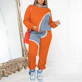 FOESCE Women Two Piece Sets Tracksuit Autumn Jeans Splicing Hooded Top Sweatshirts Pocket Jogger Pants Suit Loose Female Office Lady