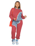 FOESCE Women Two Piece Sets Tracksuit Autumn Jeans Splicing Hooded Top Sweatshirts Pocket Jogger Pants Suit Loose Female Office Lady