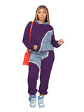 FOESCE Women Two Piece Sets Tracksuit Autumn Jeans Splicing Hooded Top Sweatshirts Pocket Jogger Pants Suit Loose Female Office Lady
