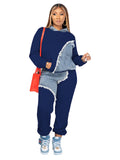 FOESCE Women Two Piece Sets Tracksuit Autumn Jeans Splicing Hooded Top Sweatshirts Pocket Jogger Pants Suit Loose Female Office Lady