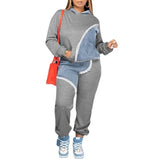 FOESCE Women Two Piece Sets Tracksuit Autumn Jeans Splicing Hooded Top Sweatshirts Pocket Jogger Pants Suit Loose Female Office Lady