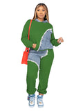 FOESCE Women Two Piece Sets Tracksuit Autumn Jeans Splicing Hooded Top Sweatshirts Pocket Jogger Pants Suit Loose Female Office Lady