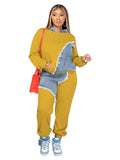 FOESCE Women Two Piece Sets Tracksuit Autumn Jeans Splicing Hooded Top Sweatshirts Pocket Jogger Pants Suit Loose Female Office Lady