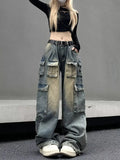 FOESCE Women's Black Gothic Jeans Harajuku Y2k 90s Aesthetic Baggy Denim Trousers Korean Vintage 2000s  Punk Wide Leg Pants Clothes