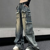 FOESCE Women's Black Gothic Jeans Harajuku Y2k 90s Aesthetic Baggy Denim Trousers Korean Vintage 2000s  Punk Wide Leg Pants Clothes