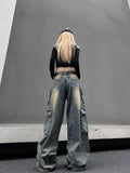 FOESCE Women's Black Gothic Jeans Harajuku Y2k 90s Aesthetic Baggy Denim Trousers Korean Vintage 2000s  Punk Wide Leg Pants Clothes