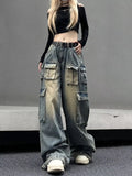 FOESCE Women's Black Gothic Jeans Harajuku Y2k 90s Aesthetic Baggy Denim Trousers Korean Vintage 2000s  Punk Wide Leg Pants Clothes
